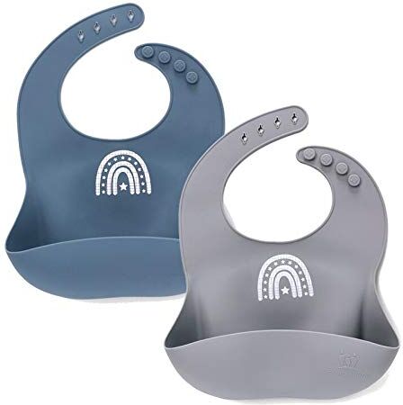 Miracle Baby Bavaglini in silicone Confezione da 2 bavaglini per l'alimentazione del bambino impermeabili e facili da pulire con raccoglitore di cibo Bavaglini regolabili più spessi e leggeri (blu e grigio)