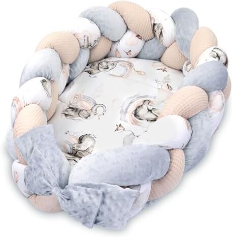 Totsy Baby Nido neonato Babynest 75 x 45 cm – Minky nido di coccole con cuscino a treccia pieghevole set letto bambino nido a due lati Ombra dell'elefante B