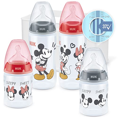 NUK First Choice+ Biberon Starter Set   0-6 Mesi   4 Bottiglie Con Controllo Della Temperatura E Scatola Porta-biberon   Valvola Anti-coliche   Senza Bpa   5 Pezzi, color Disney Topolino