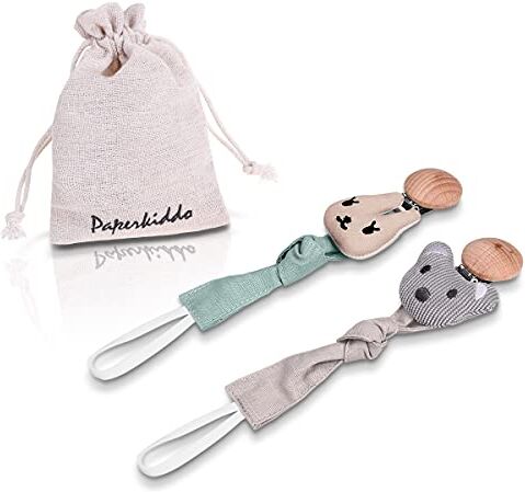 PAPERKIDDO Catenella Portaciuccio Neonato Personalizzato, Clip Ciuccio per Ragazzi e Ragazze, Regali Neonati (Orso + coniglio)