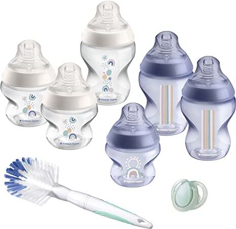 Tommee Tippee Kit di Biberon Closer to Nature per Neonati, Tettarella Simile al Seno a Flusso Lento con Valvola Anticolica, Dimensioni Misti, Blu