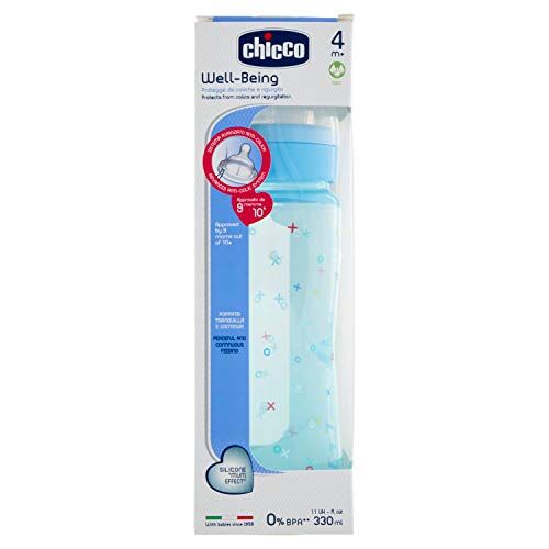 Chicco Biberon Benessere Colorato Azzurro, Silicone, Flusso Veloce, 330 ml, Modelli Assortiti, 1 Pezzo, Bambino