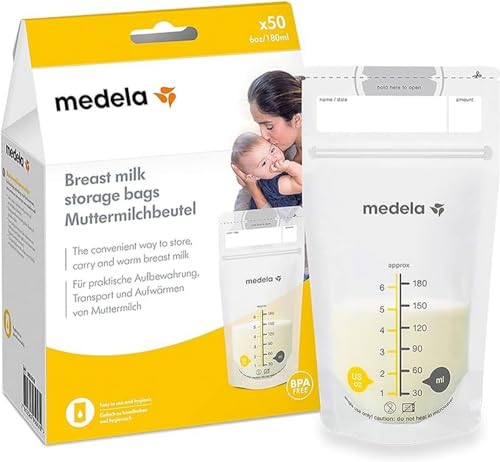 Medela Set di Sacche per la Conservazione del Latte Materno da 180 ml, Confezione da 50 Sacchetti per Raccolta del Latte Materno senza BPA con Doppia Chiusura, Congelamento e Scongelamento Rapido