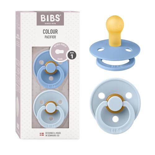 Bibs Colour Ciuccio confezione da 2 pezzi. Privo di BPA, Tettarella tonda. Lattice di gomma naturale, Misura 1 (0-6 mesi), Sky Blue/Baby Blue