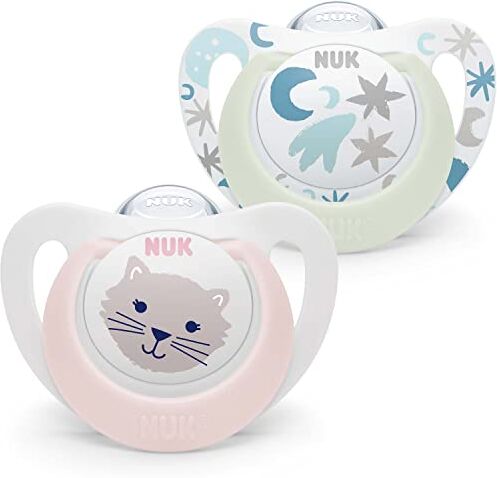 NUK Star night & day Ciuccio per neonati, 0-6 mesi, ciucci fosforescenti, silicone senza BPA, gatto rosa, 2 pezzi