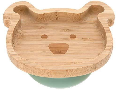 Lässig Piatto di legno per bambini Piatto per spuntini Piatto per bambini, fatto di bambù Ventosa in silicone antiscivolo/Platter Little Chums Dog, blu