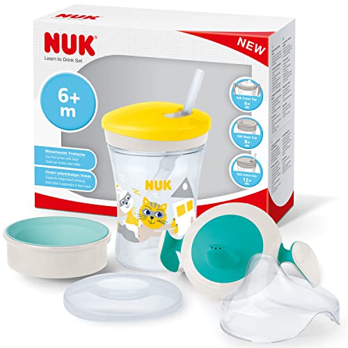 NUK 3-in-1 Set per imparare a bere con Trainer Cup Bicchiere Antigoccia (6+ mesi), Magic Cup 360° (8+ mesi) e Tazza Action Cup per Bambini (12+ mesi)   230 ml   Senza BPA   giallo