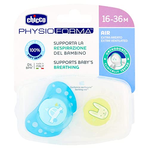 Chicco PhysioForma Succhietto Air, Ciuccio 16-36 Mesi Bimbo, Tettarella in Silicone, 2 Pezzi, Supporta la Respirazione Fisiologica e il Corretto Sviluppo della Bocca, Azzurro