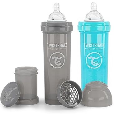 Twistshake 2x  Anticolica Biberon 330 ML, con Silicone Tettarella a Flusso Rapido per Bambini da 4+ Mesi, Sigillato Contenitore, Blu Pastello&Grigio