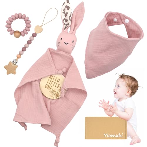 Yiomxhi Set Neonato Regali, Regali Neonati per la Nascita Baby Gift Set Include Dou Dou Neonato in Cotone al 100%, un Anello per la Dentizione, un Bavaglino, una Clip per il Ciuccio(Rosa）