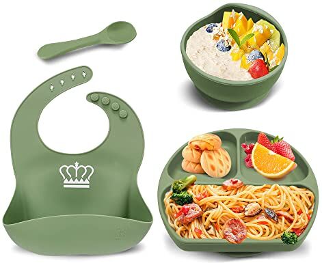 Miracle Baby Set Pappa Svezzamento Bambini Piatto con Ventosa Ciotola in Silicone Bavaglino Regolabile Cucchiaio per Bambino e Neonati, Senza BPA, Verde