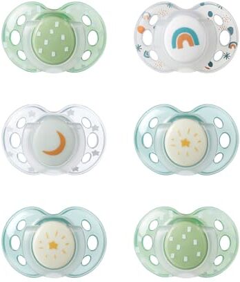 Tommee Tippee Night Time Ciucci che brillano al buio, Design Simmetrico Ortodontico, in Silicone Privo di BPA, 18-36 Mesi, Confezione da 6