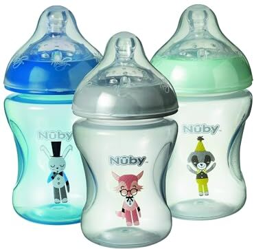 Nuby Set di biberon anti-coliche – tettarelle a flusso lento facili da agganciare   240 ml / 8 oz   include ciucci coordinati   lavabili in lavastoviglie (blu, set di 3)