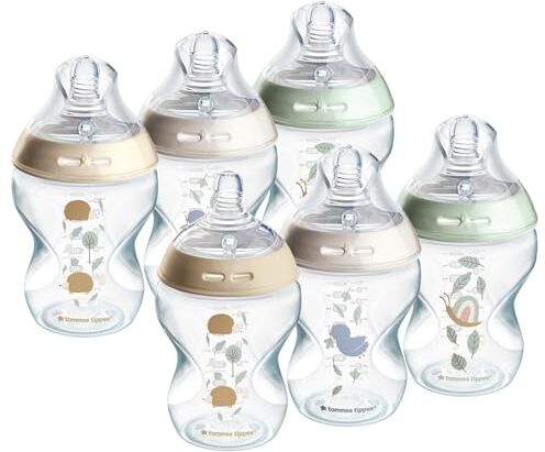 Tommee Tippee Biberon Closer to Nature, Tettarella Simile al Seno con Valvola Anticolica, 260ml, Confezione da 6, Multicolore