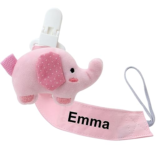 Panny & Mody Clip per ciuccio personalizzata con nome, guinzaglio per ciuccio personalizzabile, porta ciuccio in cotone con elefante ricamato per baby-elephant rosa