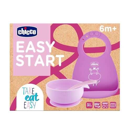 Chicco Set Pappa Silicone F Set Pappa Bambina Antiscivolo, Senza BPA, Set Svezzamento 3 Pezzi Composto Da Bavaglino Rigido Easy Roll, Ciotola Easy Con Ventosa e Cucchiaino, 6M+, Rosa