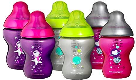 Tommee Tippee Biberon Closer to Nature, 260 ml, flusso lento 0m+, 6 pezzi, Pianeti rosa/viola