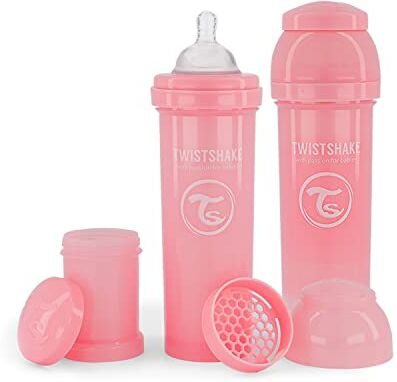 Twistshake 2x Biberon Anticolica Con Contenitore Per Il Latte In Polvere E Miscelatore 330ml   Tettarella In Silicone A Flusso Rapido   Biberon Senza BPA   4+Mesi   Rosa