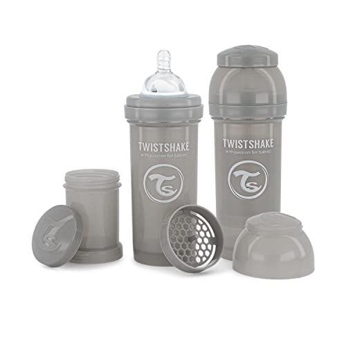 Twistshake 2x Biberon Anticolica Con Contenitore Per Il Latte In Polvere E Miscelatore 260ml   Tettarella In Silicone A Flusso Medio   Biberon Senza BPA   2+Mesi   Grigio