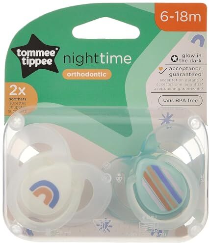 Tommee Tippee Night Time Glow in the Dark Soothers, Symmetrical Orthodontic Design, BPA-Free Silicone, 6-18 Months, Pack of 2 Dummies, Assorted