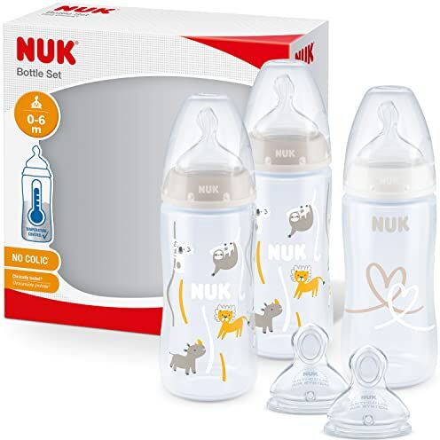 NUK First Choice+ Set Biberon Con 2 Tettarelle In Più, -6 Mesi, Controllo Temperatura, Sfiato Anti-colica, Senza Bpa  Tettarella In Silicone, 6 Pezzi, color Beige, 3 ml