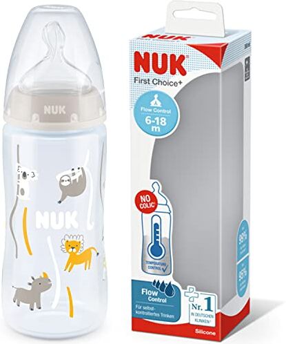 NUK First Choice+ biberon   6-18 mesi   Controllo temperatura   Flow Control   Sfiato Anti-Colica   Senza BPA   300 ml   Tettarella in silicone   Safari (neutro)