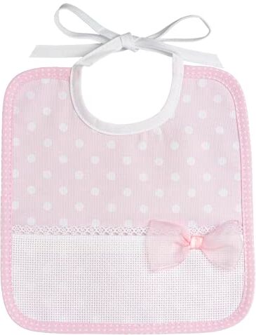 Filet Bavaglino in Cotone Stampato a Pois Grandi Bianchi, Tasca in Tela Aida da Ricamare e Fiocco in Organza, Ideale per Neonati e Prima Infanzia, Chiusura con Laccetti, Made in Italy, Colore Rosa