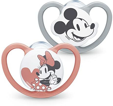 NUK Tettarella Space   18-36 mesi   Ciuccio con aerazioni extra larghe   Silicone senza BPA   Disney Topolino e Minnie Mouse, grigio e rosa   2 pezzi