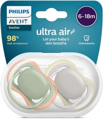 Philips Soother Air 6-18 Mesi non Deco Neu, Kaki/Arancione e Grigio/Giallo, Confezione da 2