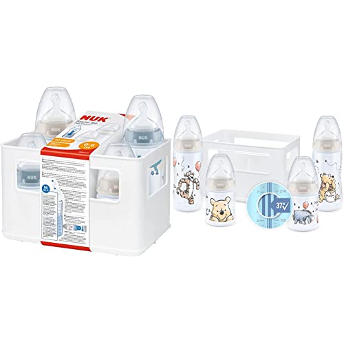 NUK First Choice+ Biberon Starter Set   0-6 Mesi   4 Bottiglie Con Controllo Della Temperatura E Scatola Porta-biberon & Tettarella anticolica in silicone, set da 2 pz