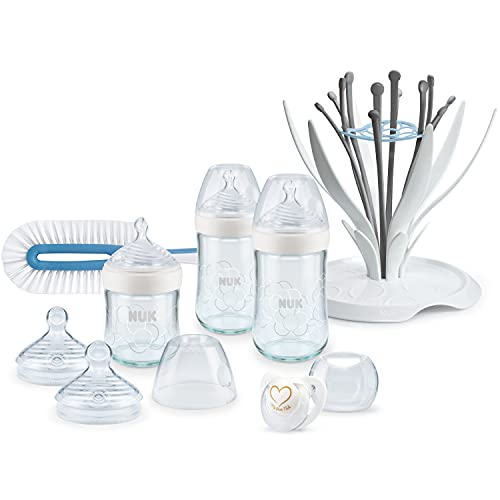 NUK Nature Sense Set biberon di vetro   0-6 mesi   3 biberon   2 tettarelle   Scovolino   Scolabiberon   Succhietto Genius   Bianco   8 pezzi