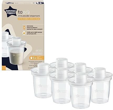 Tommee Tippee dosatori latte in polvere , confezione da 6, contenitori latte in polvere, ideali per allattare in viaggio, 8 misurini per vasetto