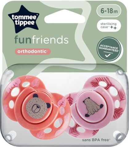 Tommee Tippee Succhietti stile divertente, design ortodontico simmetrico, silicone senza BPA, 6-18 m, confezione da 2 ciucci (colori assortiti)