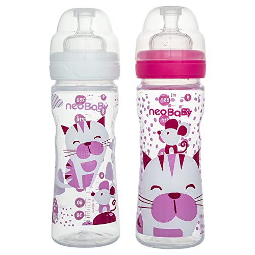 Artsana Neobaby Biberon in Polipropilene Collo Largo con Tettarella in Silicone 250 ml, Rosa, Flusso Regolabile, 2 Mesi +, 1 Pezzo