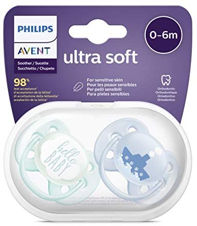 Philips Avent Ciuccio ultra morbido, confezione da 2, senza BPA, per bambini da 0 a 6 mesi, blu (modello )