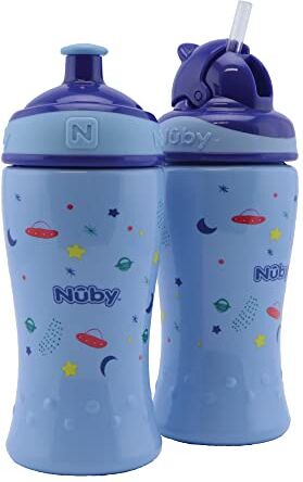 Nuby Confezione da 2 bottiglie per il latte senza perdite Bottiglia con beccuccio Flip-it da 360ml + Bottiglia pop-up per bambini senza BPA Blu 12+ mesi e 18+ mesi