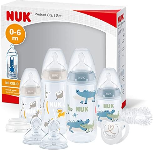 NUK Perfect Start First Choice+ set biberon   0-6 mesi   4 bottiglie con controllo della temperatura, succhietto, spazzola per biberon   Senza BPA   Coccodrillo (blu)   10 pezzi