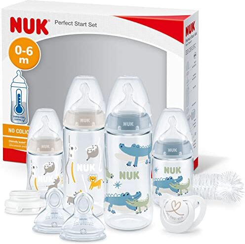 NUK Perfect Start First Choice+ set biberon   0-6 mesi   4 bottiglie con controllo della temperatura, succhietto, spazzola per biberon   Senza BPA   coccodrillo blu   10 pezzi