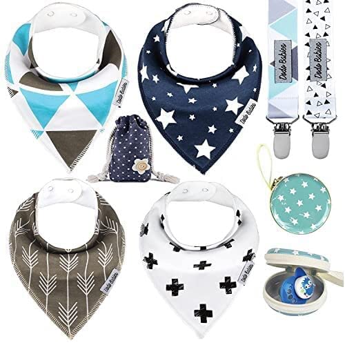 Dodo Babies Bavaglini a bandana per bebè + 2 clip per ciuccio + custodia per ciuccio in sacchetto regalo, confezione da 4, qualità premium, per ragazzi o ragazze, ottima idea regalo