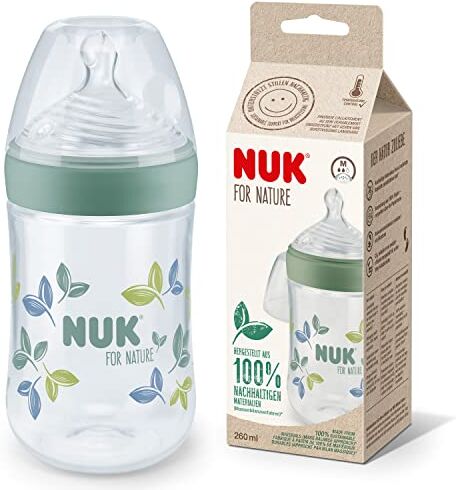 NUK for Nature biberon, Tettarella media, 260 ml, Tettarella in silicone sostenibile, simula l'allattamento naturale, con sistema anti-colica, Controllo della temperatura, Senza BPA, Verde