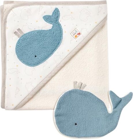 Fehn Set da bagno e guanto da bagno  baby whale asciugamano con cappuccio con una simpatica balena poncho per bambini in cotone biologico per neonati e bambini da 0+ mesi