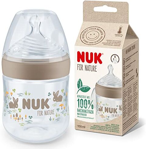 NUK for Nature Baby Bottle   Tettarella piccola   150 ml   Tettarella in silicone sostenibile simile al seno con sfiato anti coliche   Controllo della temperatura   Senza BPA   Beige