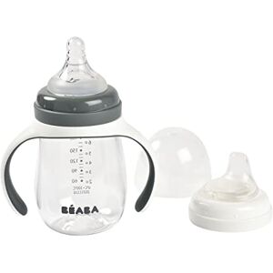 Béaba , Biberon/Tazza di apprendimento 2 in 1, Tazza con cannuccia per bambini, 100% a tenuta, Salvagoccia, Facile da aprire, Manici removibili, Tritan e Silicone, 210 ml, Grigio Minerale