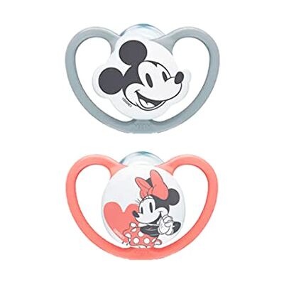 NUK Ciuccio Space 18-36 mesi Ciuccio con prese extra larghe Silicone senza BPA Disney Topolino e Minnie Mouse, grigio e rosa 2 unità NUK Ciuccio Space 18-36 mesi Ciuccio con prese extra larghe Silicone senza BPA Disney Topolino e Minnie Mouse, grigio e rosa 2 unità