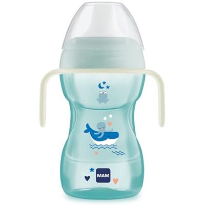 MAM Fun to Drink Cup Night Tazza bambini 270 ml, Biberon acqua per neonati 8+ mesi con manici che si illuminano al buio, Borraccia neonato con beccuccio antigoccia e valvola per flusso libero, Azzurro MAM Fun to Drink Cup Night Tazza bambini 270 ml, Biberon acqua per neonati 8+ mesi con manici che si illuminano al buio, Borraccia neonato con beccuccio antigoccia e valvola per flusso libero, Azzurro