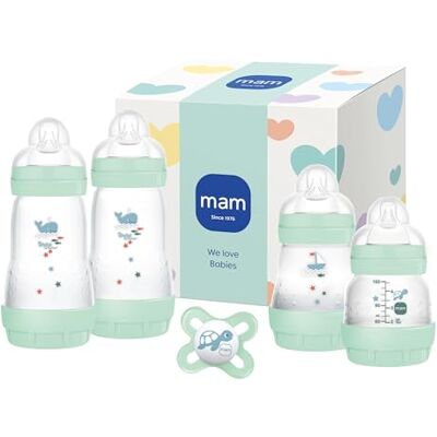 MAM Easy Start Set anti-coliche per neonati, 0+ mesi, set regalo con biberon, 94% di accettazione, 96% raccomandazione ostetrica, 80% di coliche in meno, 4 biberon e 1 ciuccio originale Start, menta MAM Easy Start Set anti-coliche per neonati, 0+ mesi, set regalo con biberon, 94% di accettazione, 96% raccomandazione ostetrica, 80% di coliche in meno, 4 biberon e 1 ciuccio originale Start, menta
