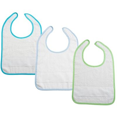 Filet Set 3 Bavaglini Pappa o Asilo Nido con Chiusura a Strappo in Spugna Bianca con Tela Aida da Ricamare, 24x30 cm, Realizzato in Italia, Bordo in Tinta Unita var. Azzurro, Turchese, Verde Filet Set 3 Bavaglini Pappa o Asilo Nido con Chiusura a Strappo in Spugna Bianca con Tela Aida da Ricamare, 24x30 cm, Realizzato in Italia, Bordo in Tinta Unita var. Azzurro, Turchese, Verde