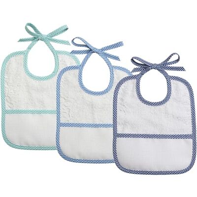 Filet Set 3 Bavaglini Neonato da Ricamare di Forma Rettangolare Spugna di cotone bianca Tela aida personalizzabile Dims 20x23 cm Bianco e Azzurro, Blu, Verde Filet Set 3 Bavaglini Neonato da Ricamare di Forma Rettangolare Spugna di cotone bianca Tela aida personalizzabile Dims 20x23 cm Bianco e Azzurro, Blu, Verde