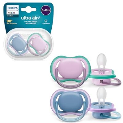 Philips Avent Ultra Air Pacifier, Light Breathable Pacifiers for Babies Aged 6-18 Months, BPA Free, with Sterilizer Carry Case, 2 Pack, Model SCF085/34 Philips Avent Ultra Air Pacifier, Light Breathable Pacifiers for Babies Aged 6-18 Months, BPA Free, with Sterilizer Carry Case, 2 Pack, Model SCF085/34