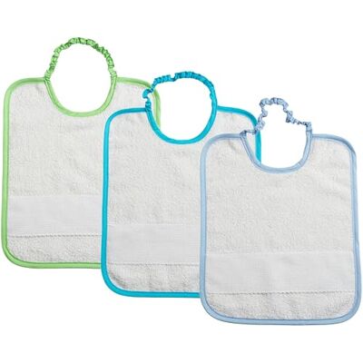 Filet Set 3 Bavaglini Pappa o Asilo Nido con Elastico in Spugna Bianca con Tela Aida da Ricamare, 24x30 cm, Realizzato in Italia, Bordo in Tinta Unita var. Azzurro, Turchese e Verde Filet Set 3 Bavaglini Pappa o Asilo Nido con Elastico in Spugna Bianca con Tela Aida da Ricamare, 24x30 cm, Realizzato in Italia, Bordo in Tinta Unita var. Azzurro, Turchese e Verde